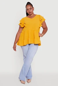 Plus Crepe Knit V-Neck Ruffle Tiered Blouse
