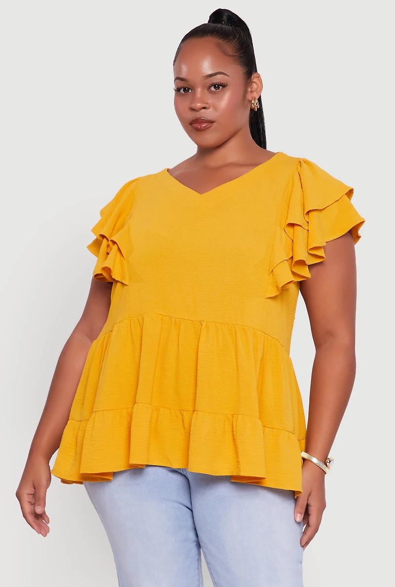 Plus Crepe Knit V-Neck Ruffle Tiered Blouse