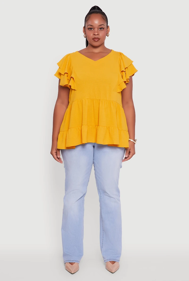 Plus Crepe Knit V-Neck Ruffle Tiered Blouse