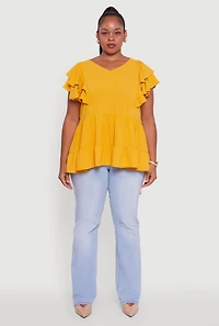 Plus Crepe Knit V-Neck Ruffle Tiered Blouse