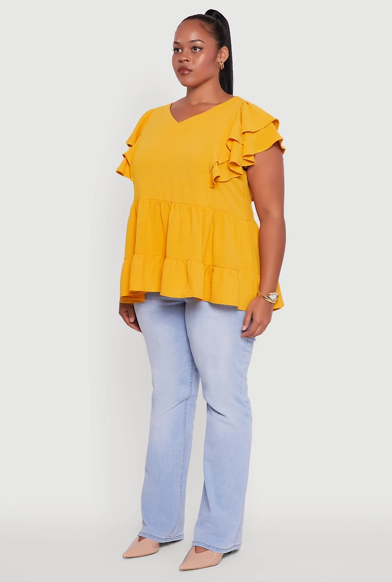Plus Crepe Knit V-Neck Ruffle Tiered Blouse