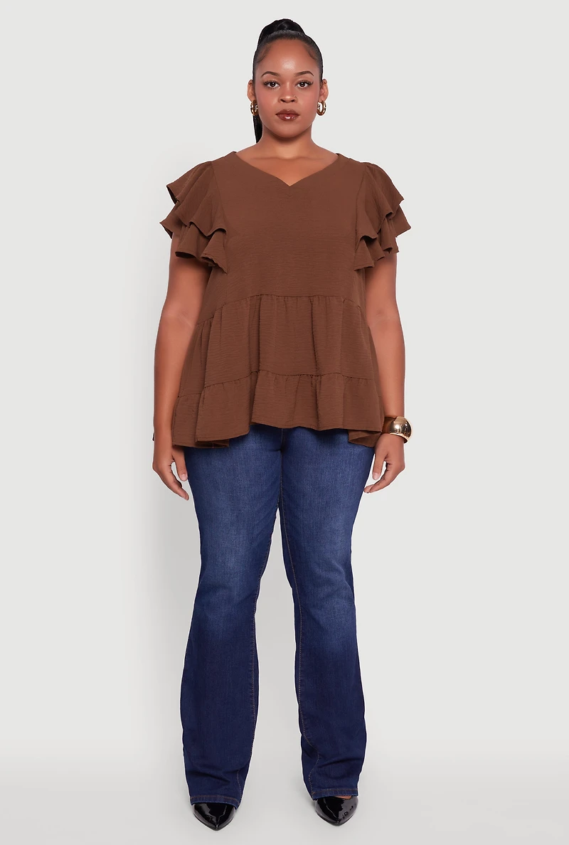 Womens Plus Crepe Knit V-Neck Ruffle Tiered Blouse, 3X