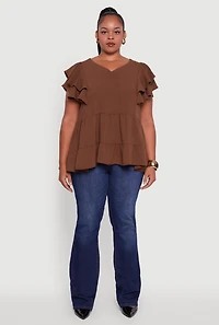 Plus Crepe Knit V-Neck Ruffle Tiered Blouse