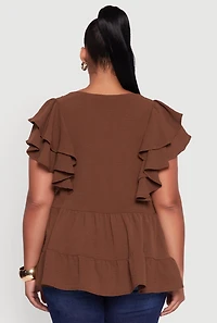 Womens Plus Crepe Knit V-Neck Ruffle Tiered Blouse, 3X