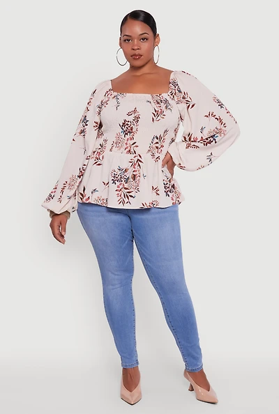 Womens Plus Floral Print Smocked Bubble Sleeve Peplum Top, Beige,