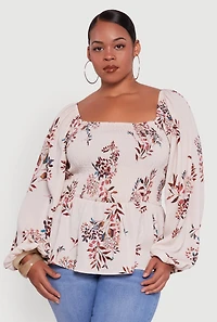 Womens Plus Floral Print Smocked Bubble Sleeve Peplum Top, Beige,