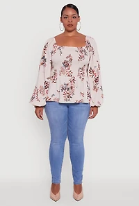 Womens Plus Floral Print Smocked Bubble Sleeve Peplum Top, Beige,
