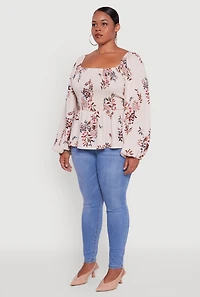 Womens Plus Floral Print Smocked Bubble Sleeve Peplum Top, Beige,