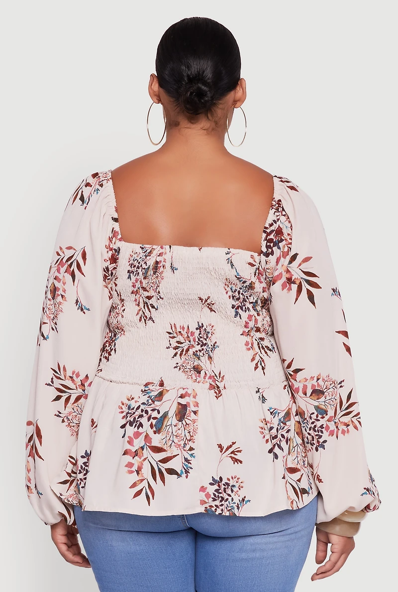 Womens Plus Floral Print Smocked Bubble Sleeve Peplum Top, Beige,