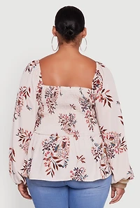 Womens Plus Floral Print Smocked Bubble Sleeve Peplum Top, Beige,