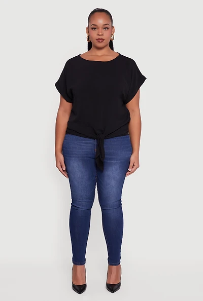 Womens Plus Crepe Knit Boat Neck Tie Front Blouse,