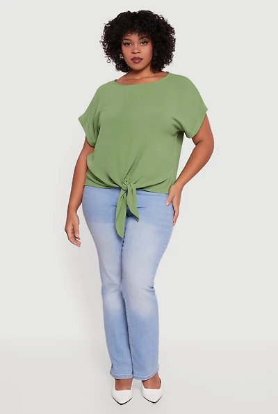 Plus Crepe Knit Boat Neck Tie Front Blouse