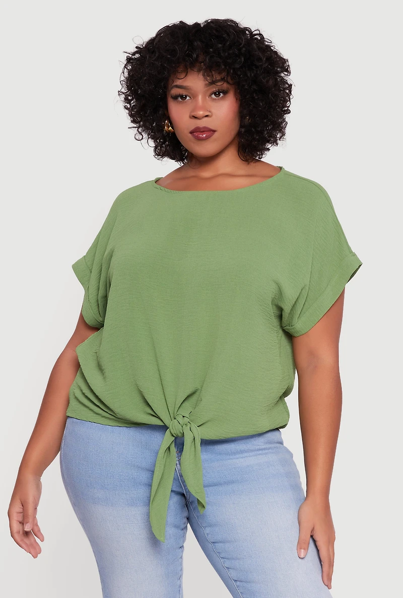Womens Plus Crepe Knit Boat Neck Tie Front Blouse,