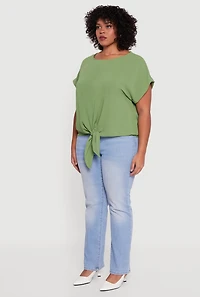 Plus Crepe Knit Boat Neck Tie Front Blouse