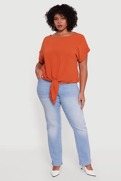 Womens Plus Crepe Knit Boat Neck Tie Front Blouse,