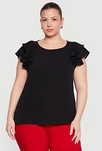 Plus Crepe Knit Flutter Sleeve Blouse