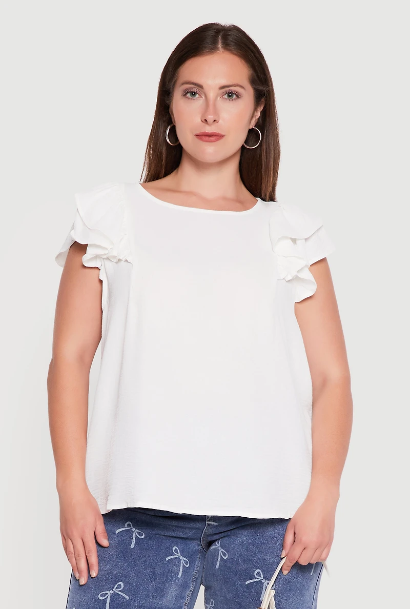 Plus Crepe Knit Flutter Sleeve Blouse