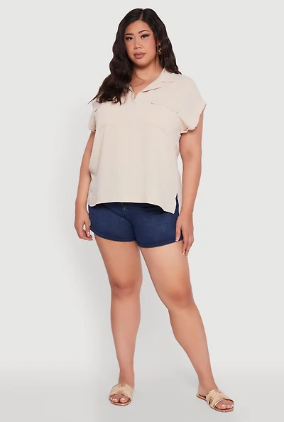 Womens Plus Collared Crepe Knit Blouse with Flap Pockets,