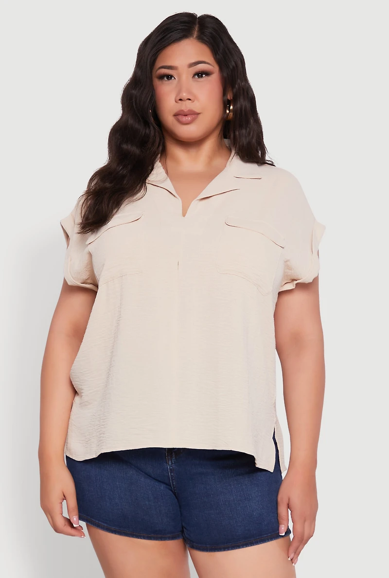 Womens Plus Collared Crepe Knit Blouse with Flap Pockets,