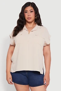 Womens Plus Collared Crepe Knit Blouse with Flap Pockets,