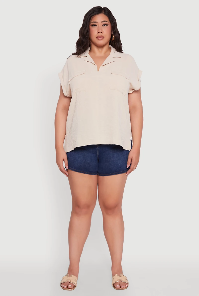 Womens Plus Collared Crepe Knit Blouse with Flap Pockets,