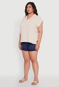 Womens Plus Collared Crepe Knit Blouse with Flap Pockets,