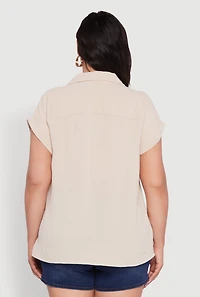 Womens Plus Collared Crepe Knit Blouse with Flap Pockets,