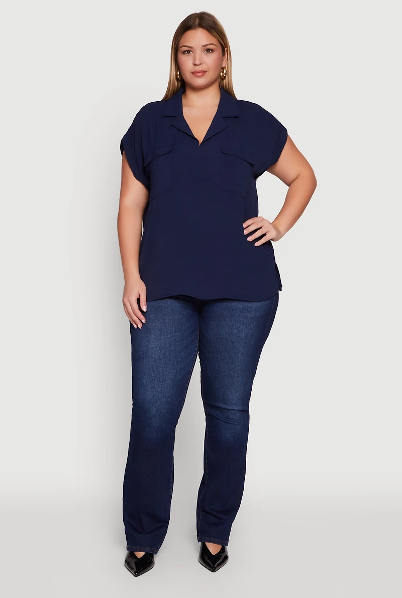 Womens Plus Size Collared Crepe Knit Blouse with Flap Pockets, Blue, Size 2X