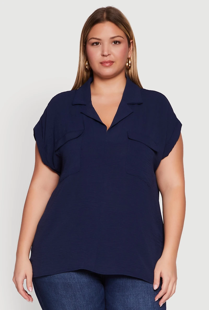 Womens Plus Size Collared Crepe Knit Blouse with Flap Pockets, Blue, Size 1X