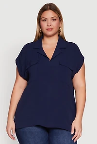 Womens Plus Size Collared Crepe Knit Blouse with Flap Pockets, Blue, Size 1X
