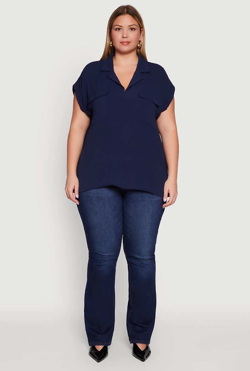 Womens Plus Collared Crepe Knit Blouse with Flap Pockets,