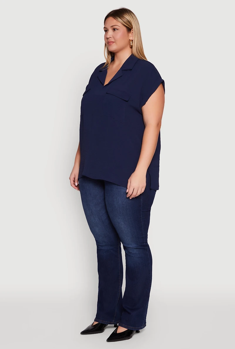 Womens Plus Collared Crepe Knit Blouse with Flap Pockets,