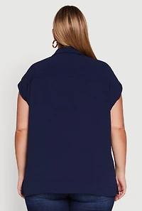 Womens Plus Size Collared Crepe Knit Blouse with Flap Pockets, Blue, Size 1X