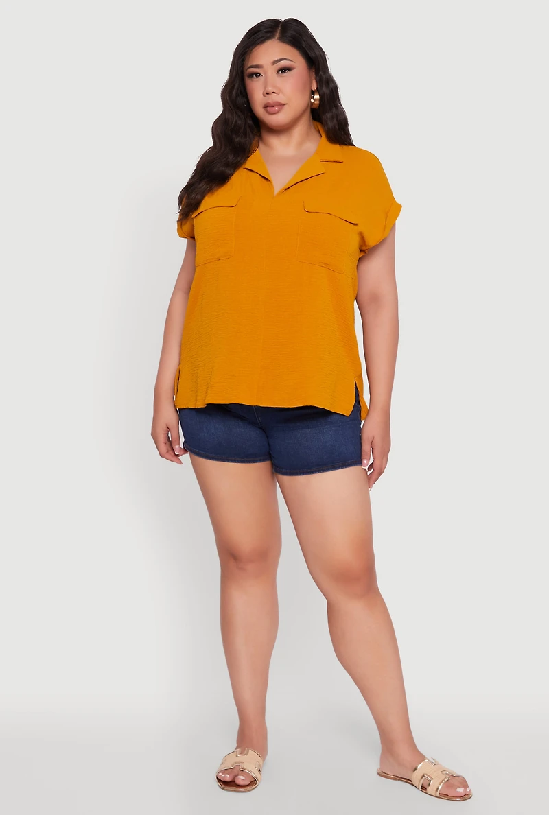 Plus Collared Crepe Knit Blouse with Flap Pockets