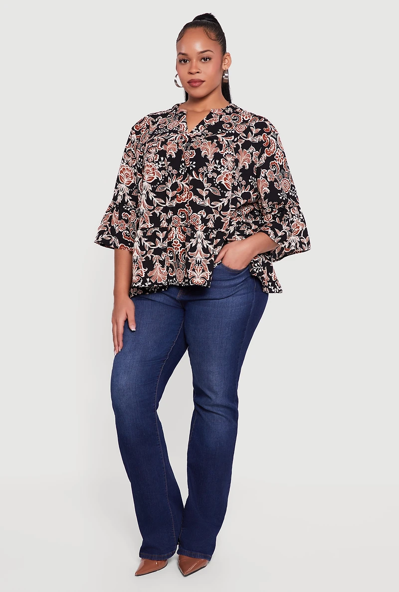 Plus Patterned Notch Neck Blouse