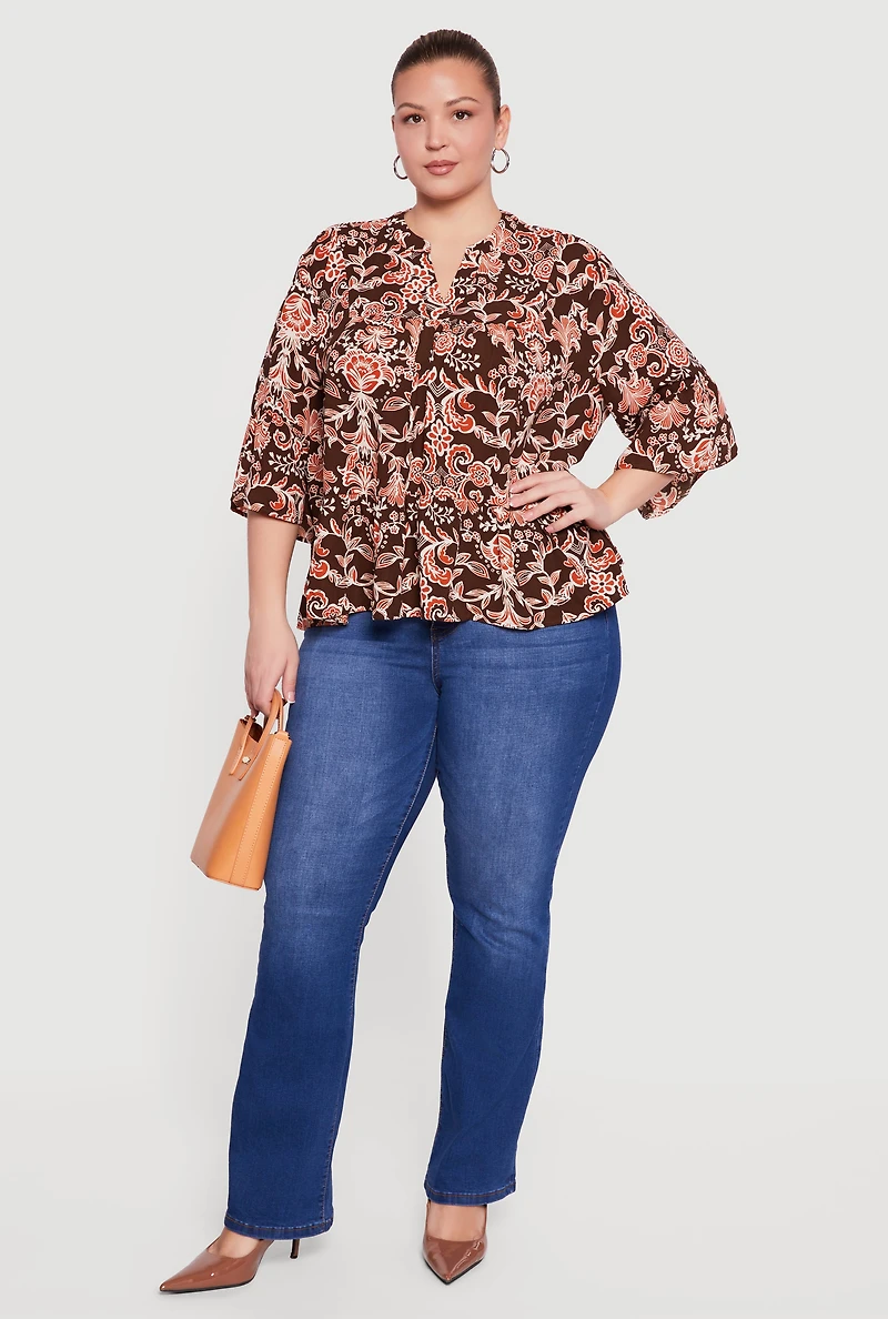 Plus Patterned Notch Neck Blouse