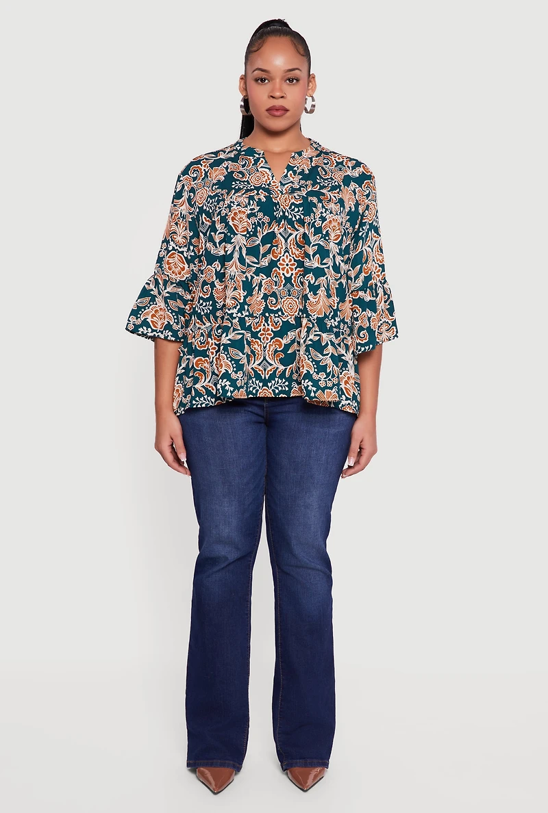 Plus Patterned Notch Neck Blouse