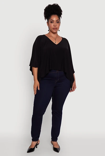 Womens Plus Crepe Knit V Neck Crop Blouse,