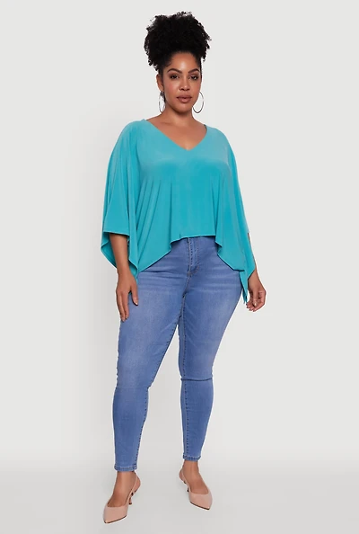 Womens Plus Crepe Knit V Neck Crop Blouse,