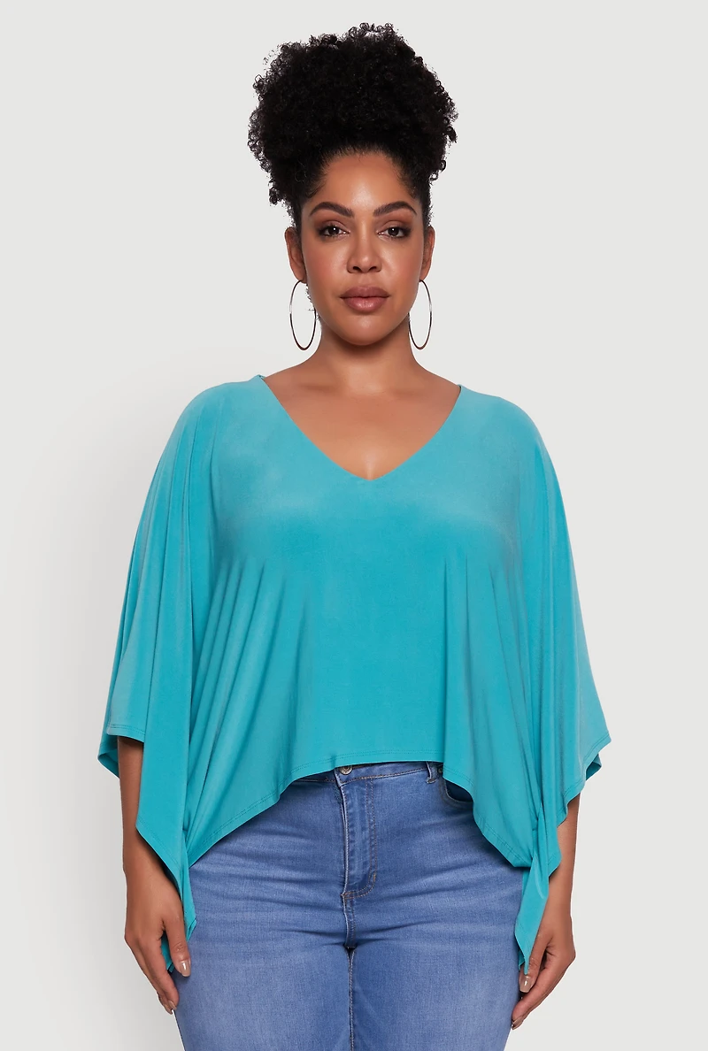 Womens Plus Crepe Knit V Neck Crop Blouse, 1X