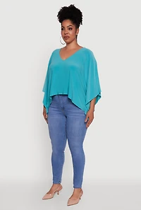 Womens Plus Crepe Knit V Neck Crop Blouse,