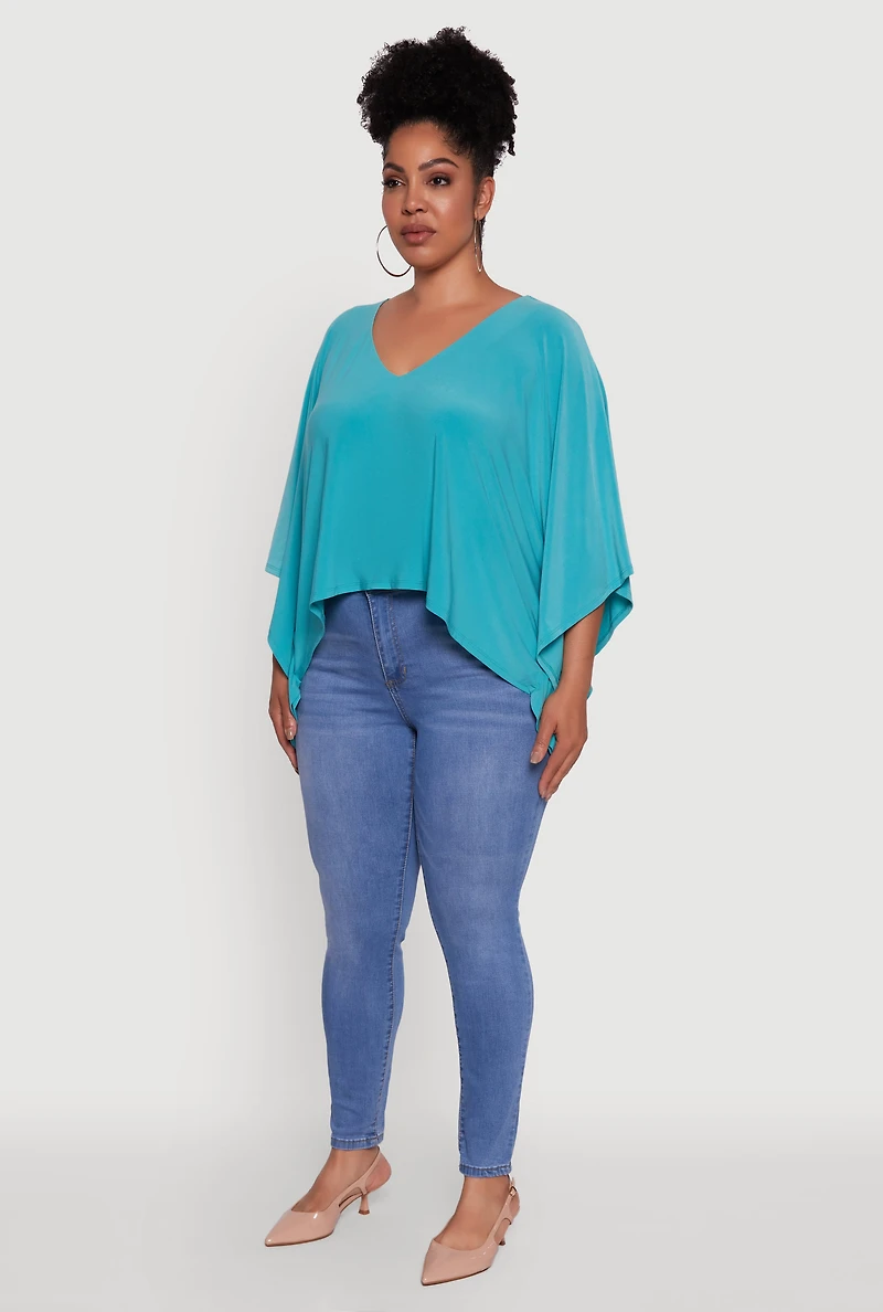 Womens Plus Crepe Knit V Neck Crop Blouse, 1X