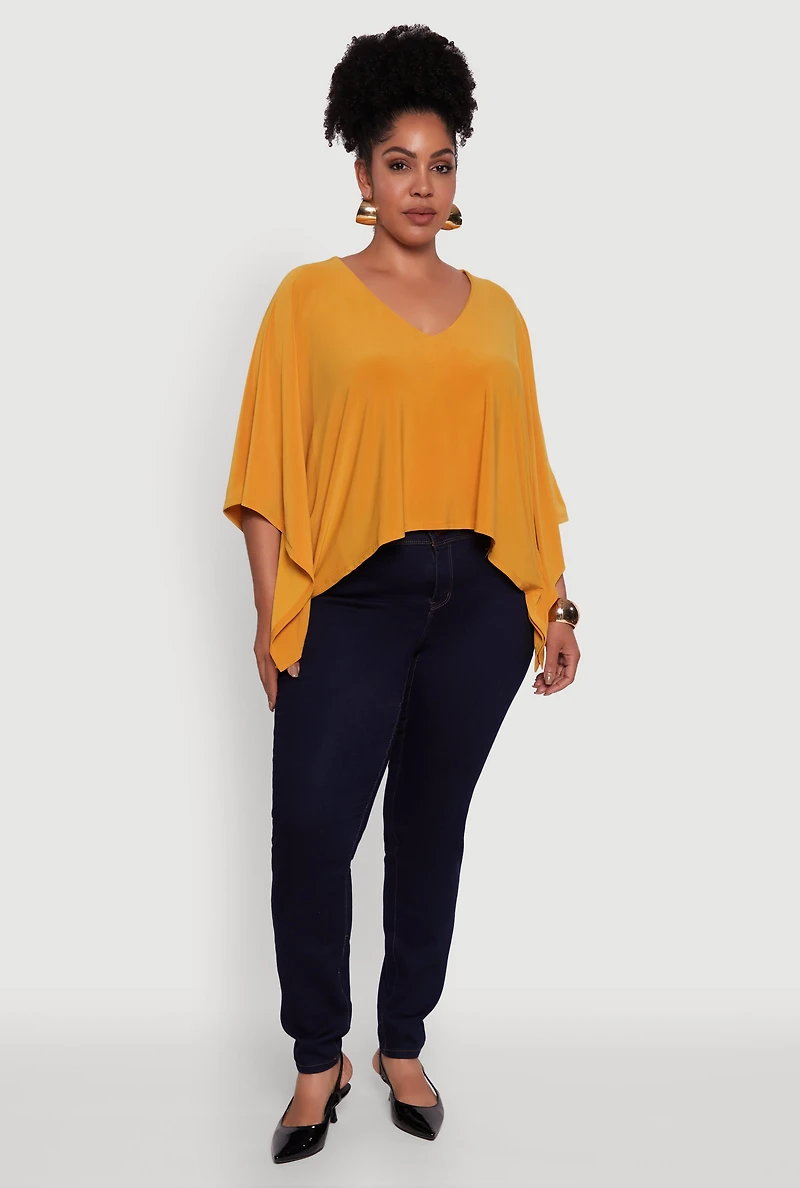 Womens Plus Crepe Knit V Neck Crop Blouse, Yellow,