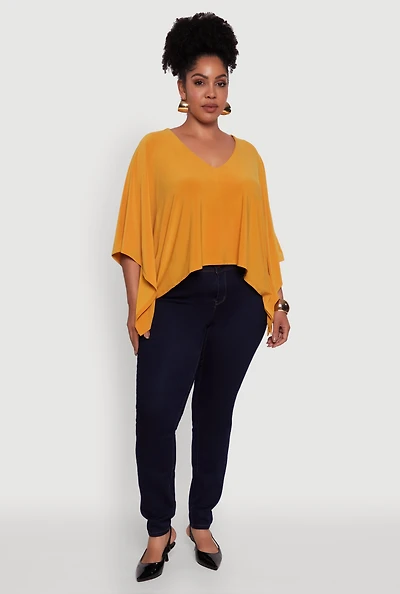 Womens Plus Crepe Knit V Neck Crop Blouse, Yellow,