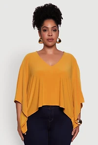 Womens Plus Crepe Knit V Neck Crop Blouse, Yellow,