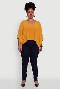 Womens Plus Crepe Knit V Neck Crop Blouse, Yellow,