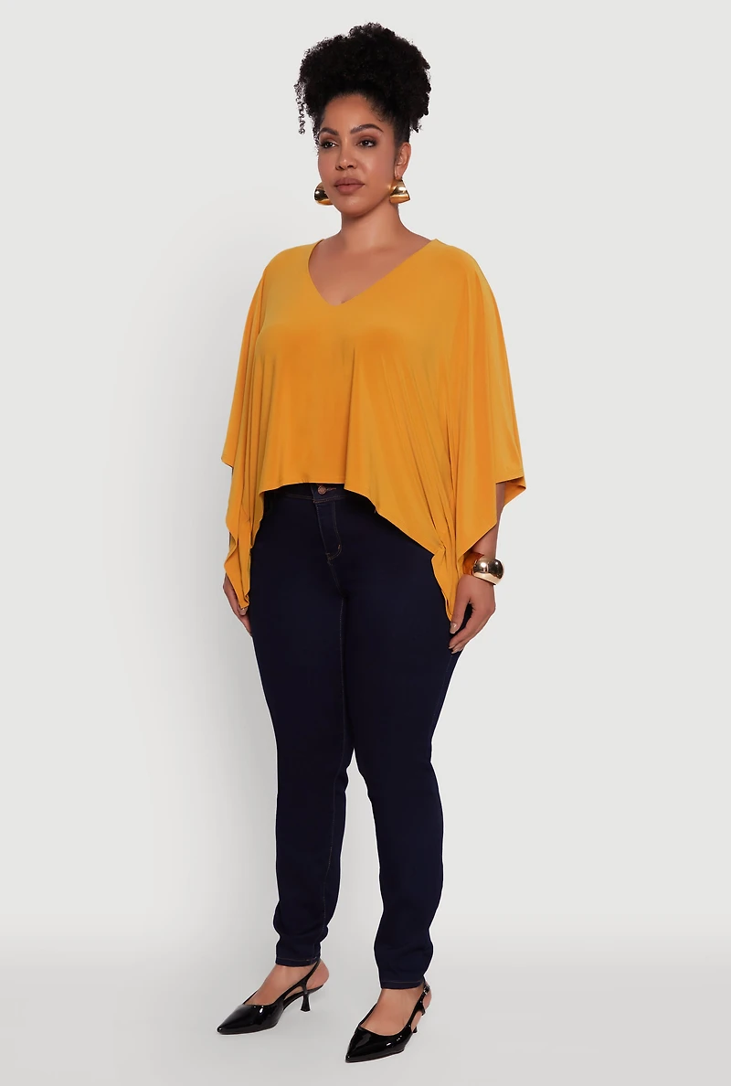 Womens Plus Crepe Knit V Neck Crop Blouse, Yellow,