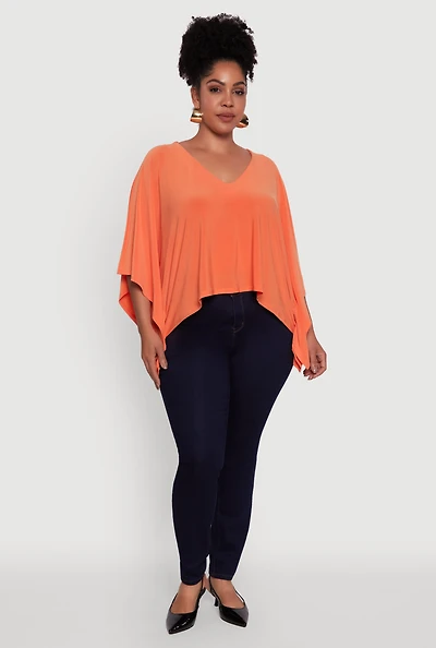 Womens Plus Crepe Knit V Neck Crop Blouse,