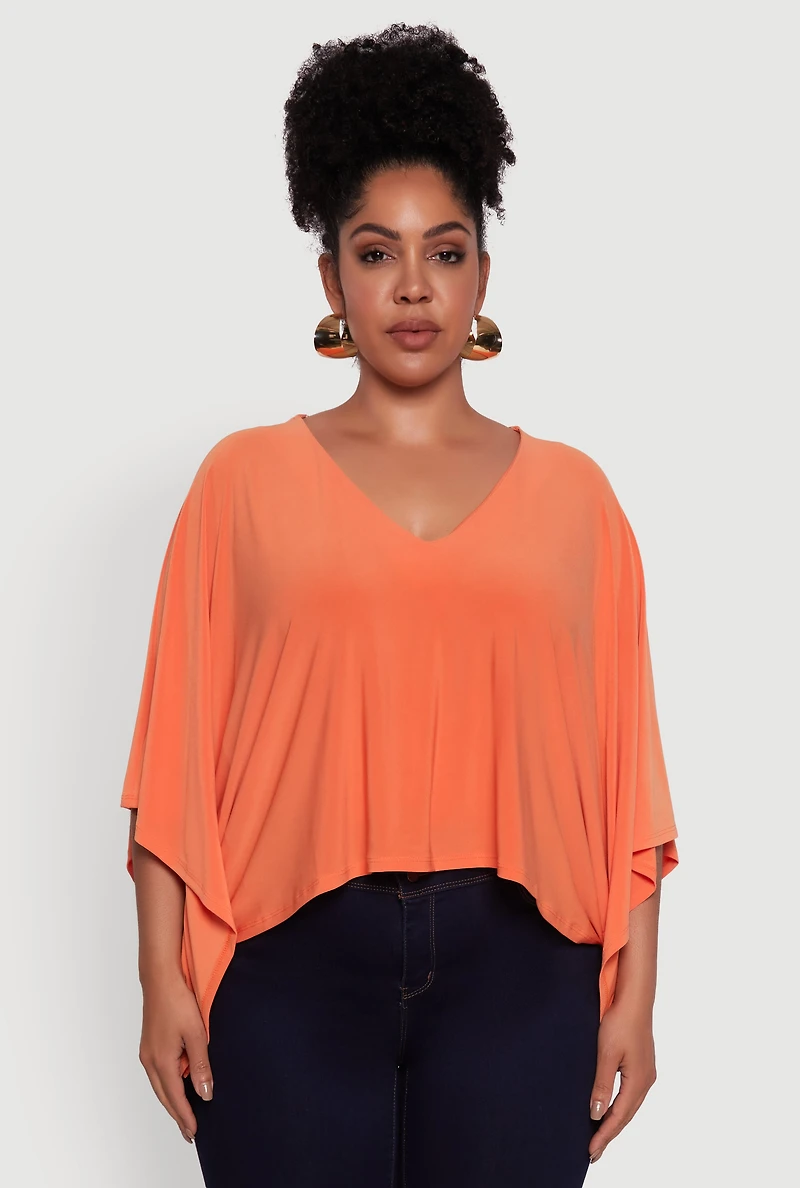 Womens Plus Size Crepe Knit V Neck Crop Blouse, Orange, Size 2X