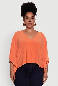 Womens Plus Size Crepe Knit V Neck Crop Blouse, Orange, Size 2X